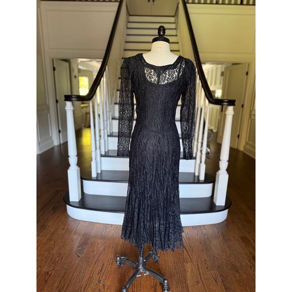 --SOLD--Vintage 90s Black Lace Bias Twirl Dress Whimsy Goth Shabby Chic Gypsy - Picture 8 of 11